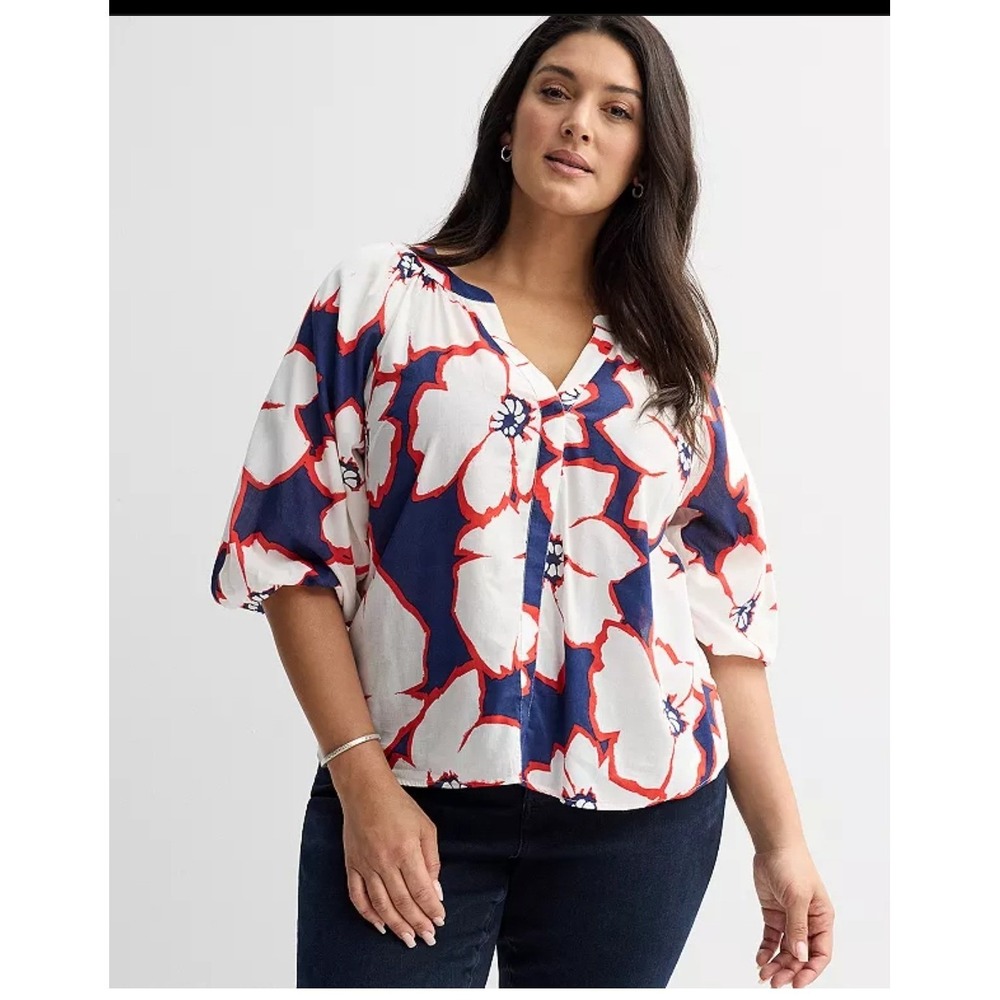 Sonoma Goods For Life XXL Navy Red Floral Puff Sleeve Split Neck Blouse Nautical